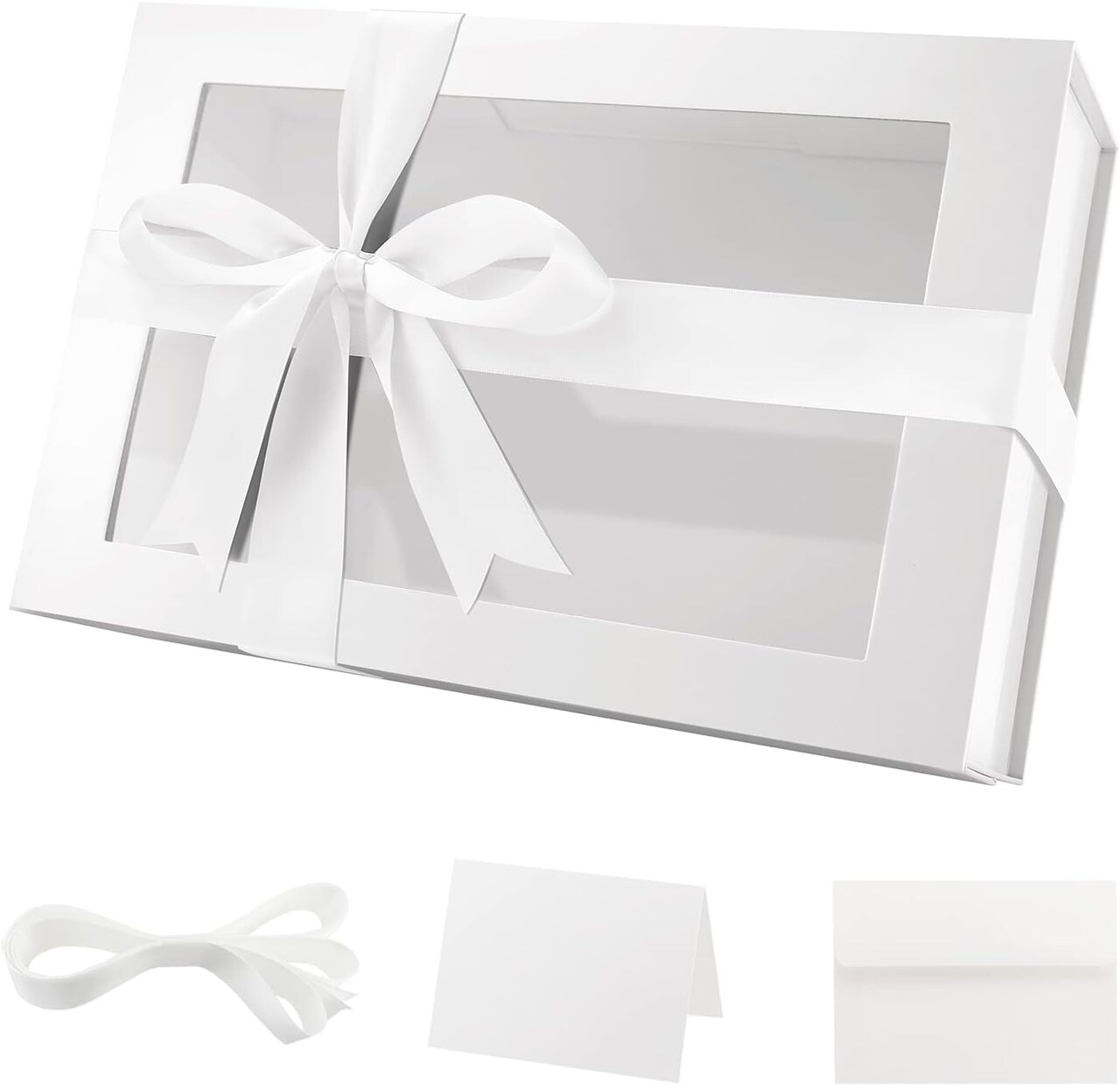 Large White Gift Box with Window & Magnetic Lid – 13.5 x 9 x 4.1 Inch Glossy Gift Box with Ribbon & Card for Bridesmaid Proposals, Weddings & Special Occasions